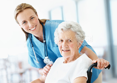 Buy stock photo Caregiver, portrait and senior woman in wheelchair for support, smile and healthcare or elderly care. Nurse, old patient or person with disability, wellness and happy in retirement at nursing home