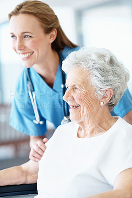 Buy stock photo Caregiver, support and laugh with old woman in wheelchair, assisted living and retirement healthcare. Thinking, nurse or senior person with disability, medical help or funny joke for wellness at home