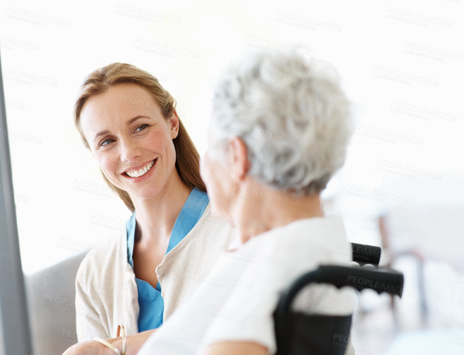 Buy stock photo Happy, caregiver and old woman in retirement home with wheelchair, medical assistance or rehabilitation. Nurse, smile and senior person with disability, consultation and healthcare in nursing center.