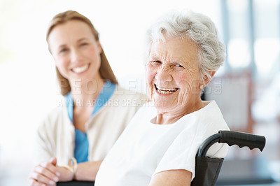 Buy stock photo Smile, caregiver and old woman in home with wheelchair, assistance and support for rehabilitation. Portrait, nurse and senior person with disability, physical therapy and assisted living for wellness