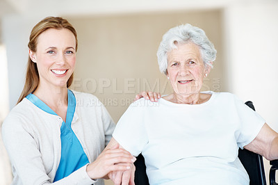 Buy stock photo Portrait, caregiver and old woman in home with wheelchair, assistance and support for rehabilitation. Smile, nurse and senior person with disability, physical therapy and assisted living for wellness