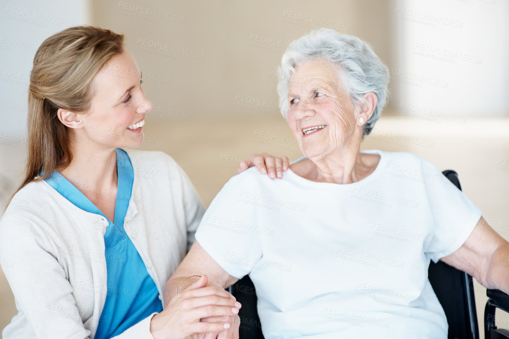 Buy stock photo Smile, caregiver and old woman at house with wheelchair, assistance or support for rehabilitation. Happy, nurse or senior person with disability, physiotherapy and assisted living for medical service