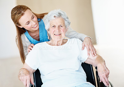 Buy stock photo Happy, caregiver and old woman at house with wheelchair, assistance and support for rehabilitation. Portrait, nurse or senior person with disability, physiotherapy and assisted living for medical aid