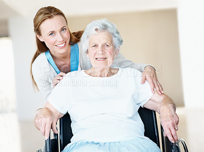 Buy stock photo Caregiver, portrait and elderly woman in wheelchair for support, smile and healthcare or senior care. Nurse, old patient or person with disability, wellness and happy in retirement at nursing home