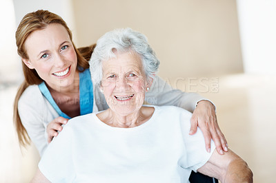 Buy stock photo Caregiver, portrait and old woman in wheelchair for support, smile and healthcare or senior care. Nurse, elderly patient or person with disability, wellness and happy in retirement at nursing home