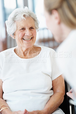 Buy stock photo Kindness, caregiver or old woman with wheelchair, conversation or empathy with bonding together. Wellness, volunteer or elderly person with disability, companion trust or friendly chat in retirement.
