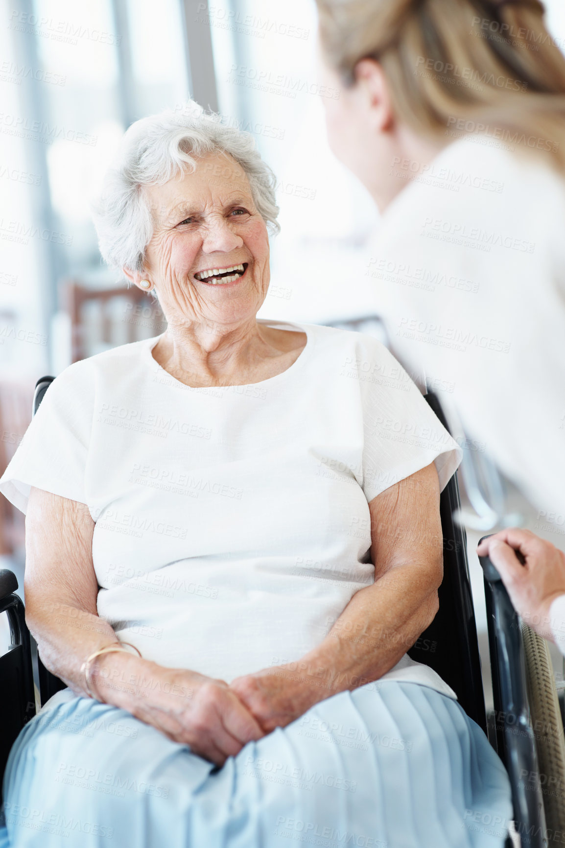 Buy stock photo Smile, doctor and old woman in home with wheelchair, assistance and checkup for rehabilitation. Happy, employee and senior person with disability, physical therapy and healthcare guidance at homecare