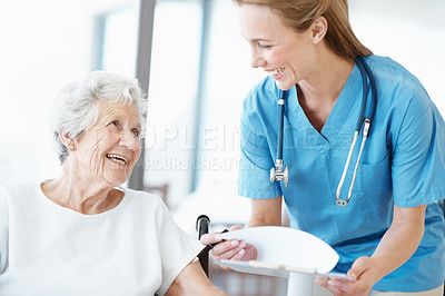 Buy stock photo Nurse, paperwork and smile with senior woman for results, checklist and healthcare in wheelchair. Caregiver, elderly patient or person with disability and happy with clipboard in retirement home