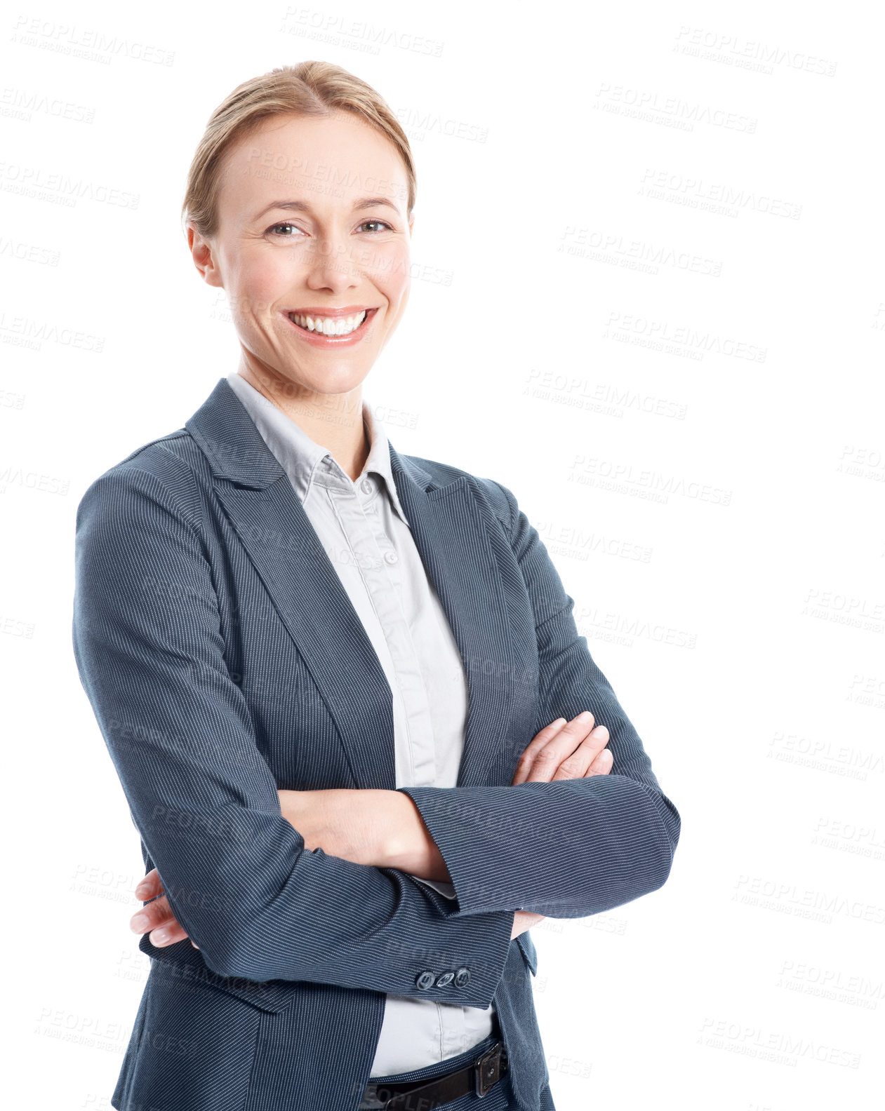 Buy stock photo Portrait, smile or businesswoman with arms crossed, legal consultant or pride as attorney. Corporate, space or lawyer on studio background with confidence, governance or about us in justice system.