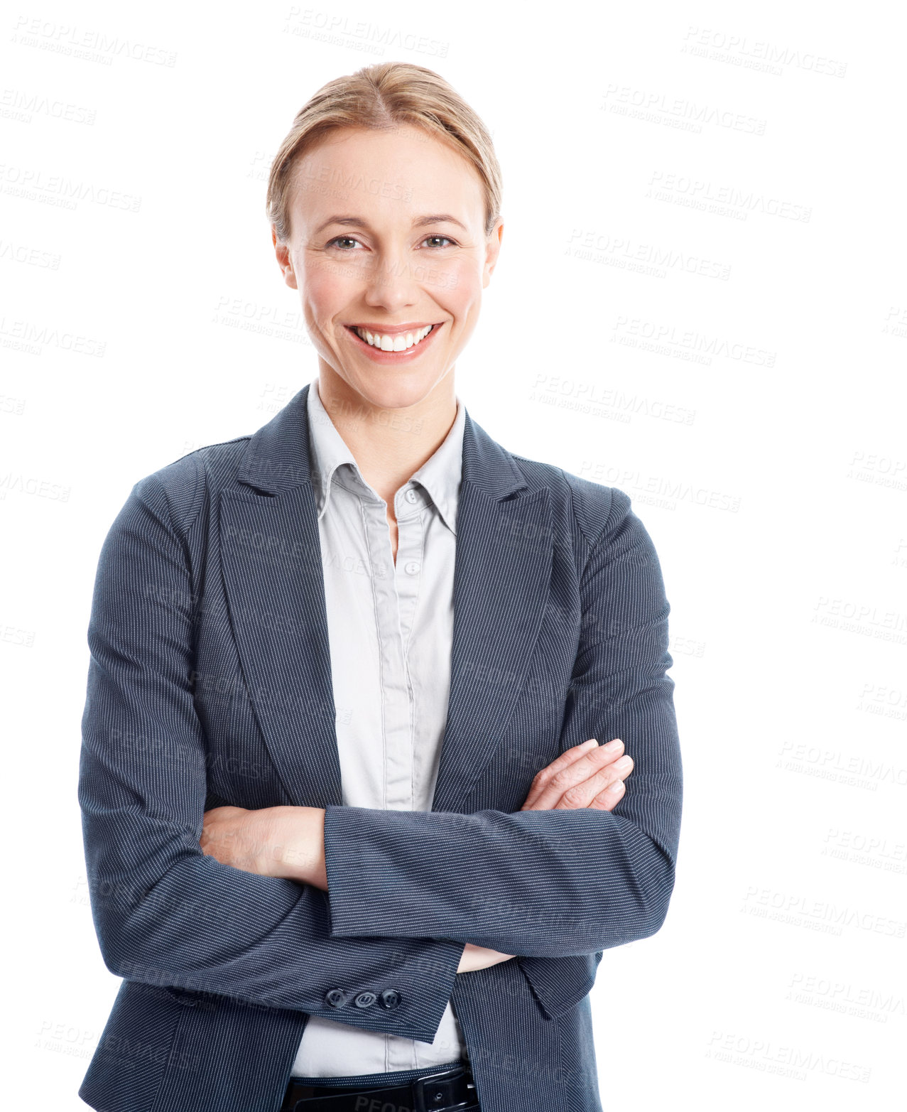 Buy stock photo Portrait, businesswoman and smile in studio with arms crossed, law career and pride for corporate job. Happy, person and attorney with confidence, legal aid or positive attitude on white background.