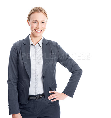 Buy stock photo Happy, professional and portrait of business woman in studio for about us, consultant and pride. Confidence, property advisor and real estate agent with person on white background for realtor space