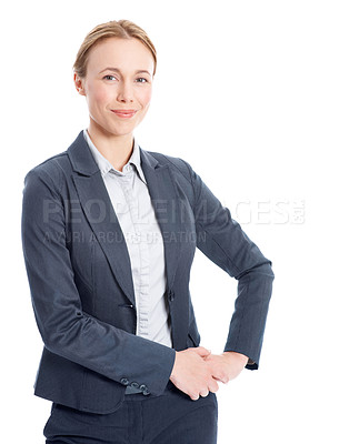 Buy stock photo About us, professional and portrait of business woman in studio for smile, real estate and pride. Confidence, property advisor or realtor agent with person on white background for space or consultant