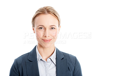 Buy stock photo Pride, professional and portrait of business woman in studio for about us, real estate and smile. Confidence, property advisor or realtor agent with person on white background for space or consultant