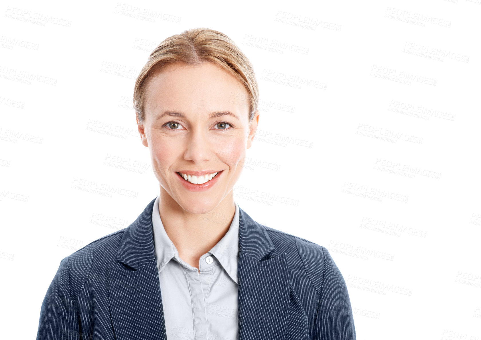Buy stock photo Business, woman or smile portrait in studio for policy development, risk assessment or about us. Mockup, compliance officer or happy on white background for mitigation, quality assurance or integrity