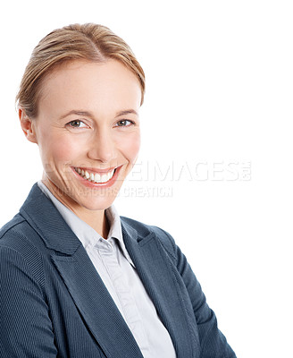 Buy stock photo Finance, woman and smile in portrait in studio for corporate banking, risk assessment or about us. Business, compliance officer and pride on white background for internal control, integrity and space