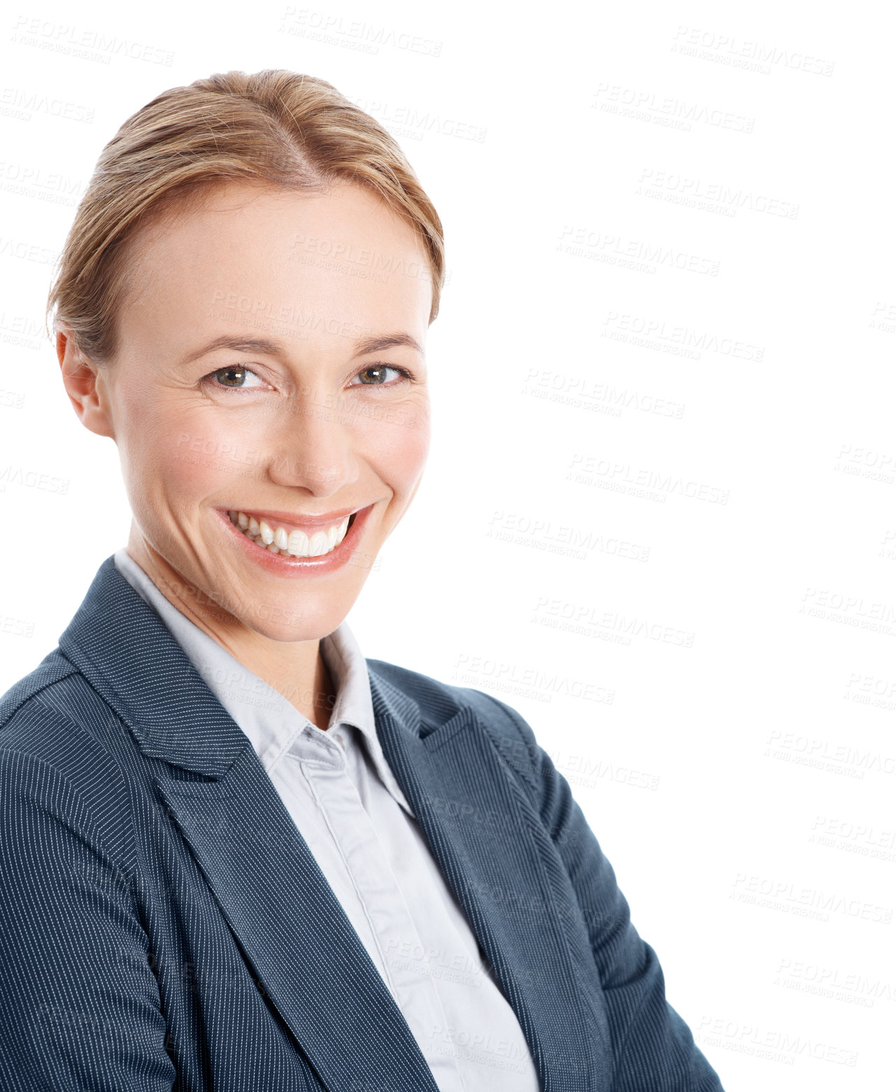 Buy stock photo Finance, woman and smile in portrait in studio for corporate banking, risk assessment or about us. Business, compliance officer and pride on white background for internal control, integrity and space