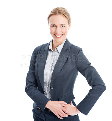 Buy stock photo Smile, pride and portrait of business woman in studio for about us, real estate and consultant. Confidence, property advisor and realtor agent with professional person on white background for career