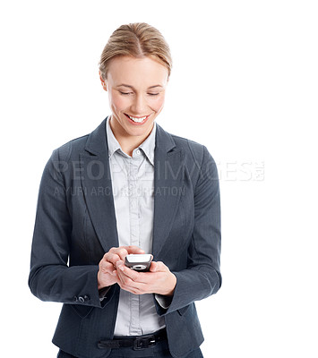 Buy stock photo Businesswoman, scroll and smile in studio with phone, social media update and company communication. Corporate, person and employee with tech, text message notification or website on white background