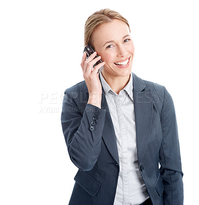 Buy stock photo Portrait, businesswoman and smile in studio with phone call, legal aid or update for lawsuit settlement. Happy, person and lawyer with contact, tech or hearing feedback court case on white background