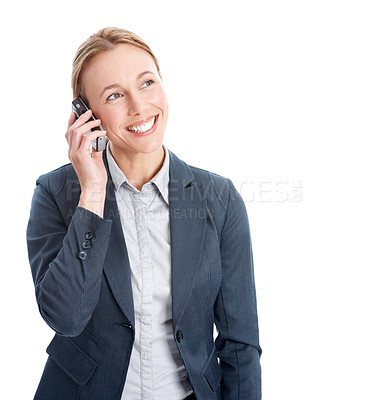 Buy stock photo Business, woman and smile in studio with phone call, legal aid and feedback for court case settlement. Happy, person and lawyer with contact, tech and listen to lawsuit update on white background.