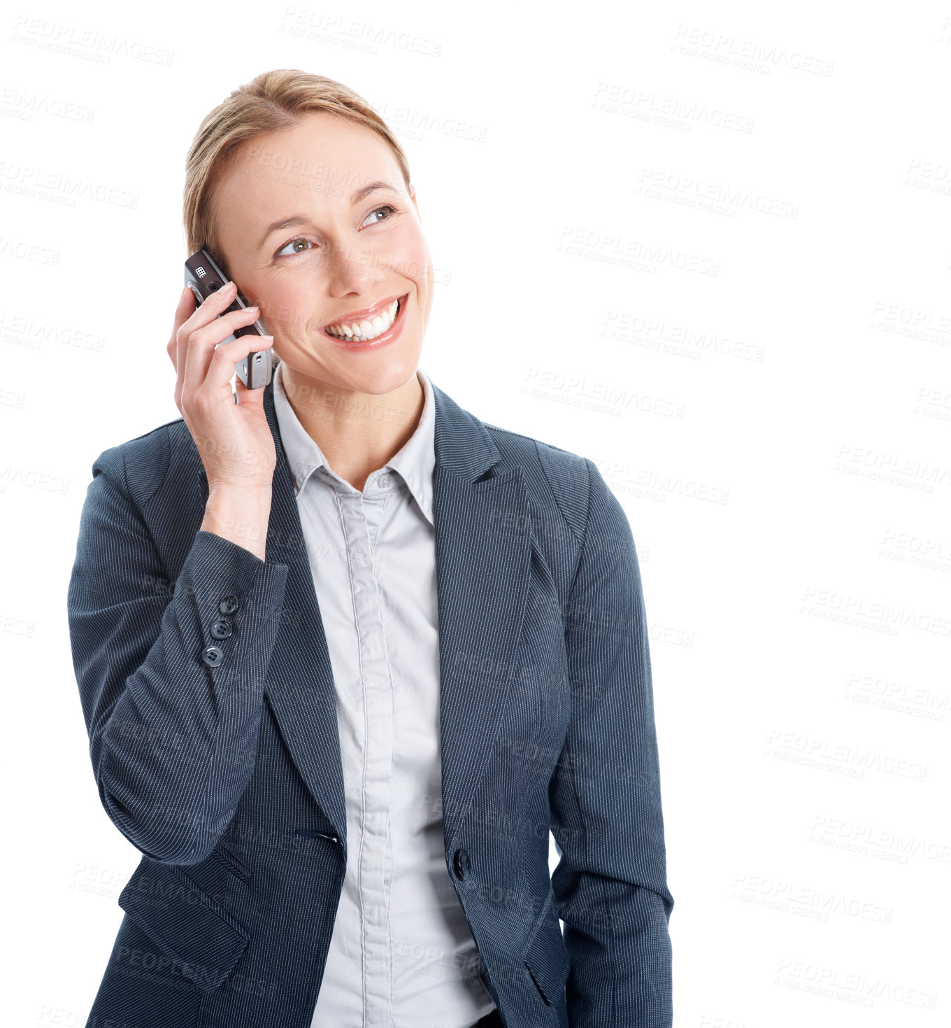 Buy stock photo Business, woman and smile in studio with phone call, legal aid and feedback for court case settlement. Happy, person and lawyer with contact, tech and listen to lawsuit update on white background.