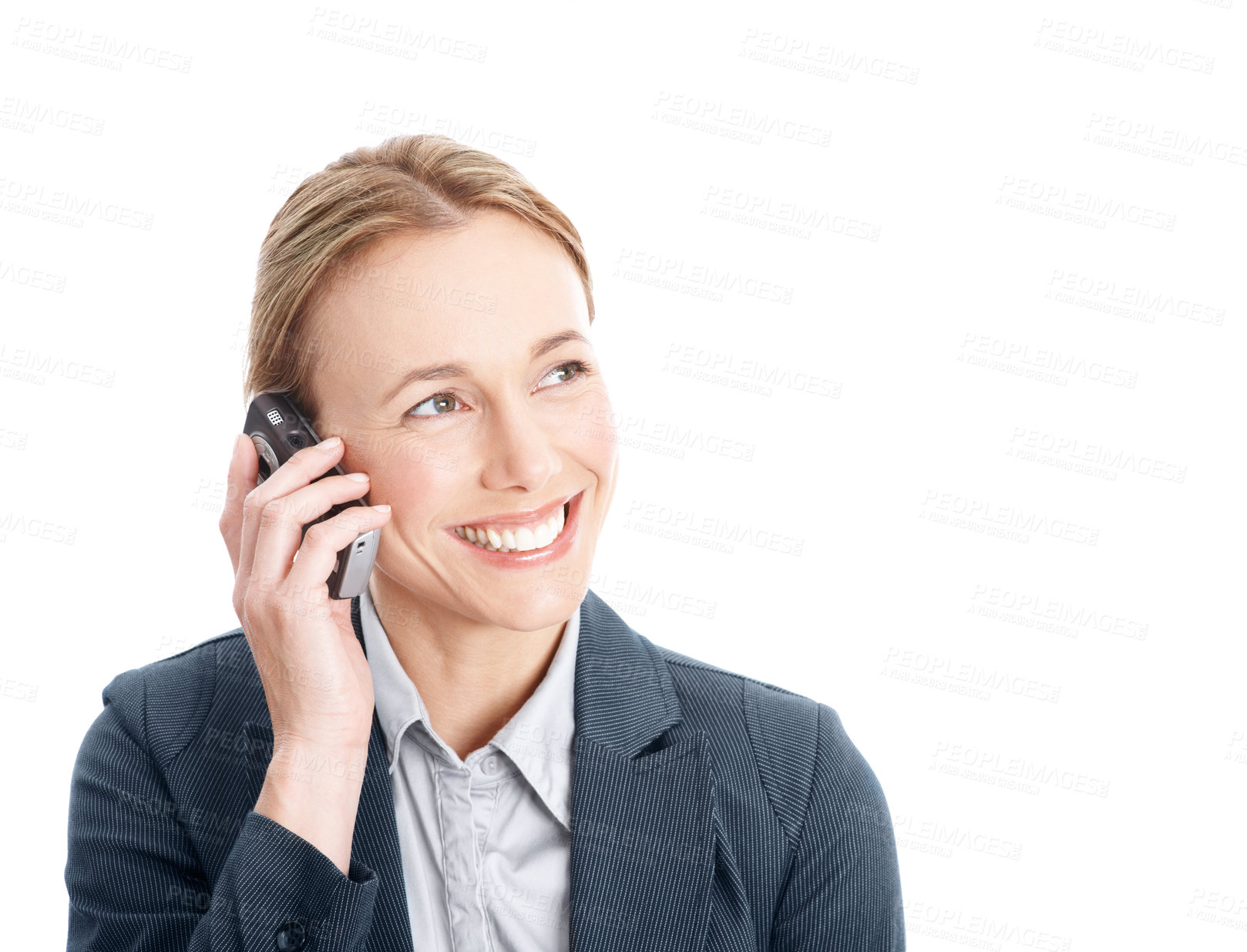 Buy stock photo Business, woman and happy in studio with phone call, legal aid and feedback for court case settlement. Space, person smile and lawyer with contact, tech or hearing lawsuit update on white background.