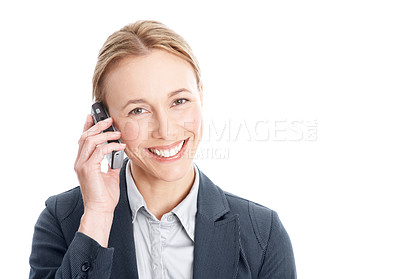 Buy stock photo Portrait, businesswoman and happy in studio with phone call, legal aid or update for litigation process. Space, person and lawyer with contact, tech or hearing court case feedback on white background