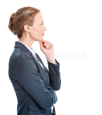Buy stock photo Thinking, studio and business woman with decision, corporate insight or financial evaluation. Smile, profile and consultant with idea, vision or thoughts for investment on white background space