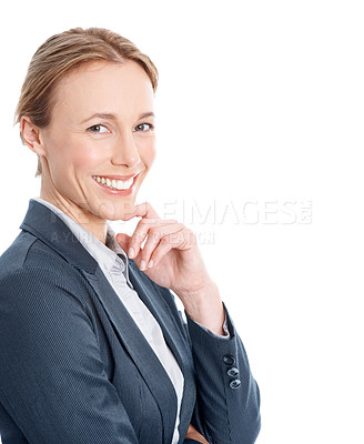 Buy stock photo Corporate, woman and confident portrait in studio for legal compliance, job integrity or about us. Business, risk officer and happy on white background for finance career, policy development or space