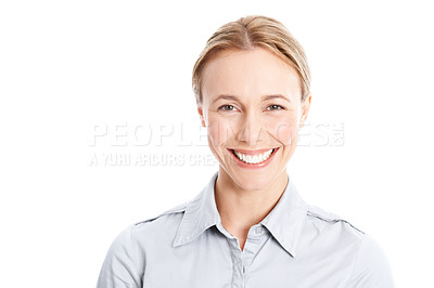 Buy stock photo Confident, businesswoman and happy portrait in studio for banking, risk management and about us. Space, compliance officer and smile on white background for finance career, liaison or audit readiness