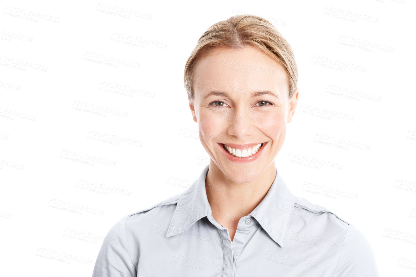 Buy stock photo Confident, businesswoman and happy portrait in studio for banking, risk management and about us. Space, compliance officer and smile on white background for finance career, liaison or audit readiness