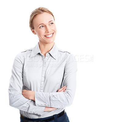 Buy stock photo Business woman, arms crossed and thinking in studio with space, ideas and positive corporate future. Person, professional decision or choice with insight, perspective and vision on white background
