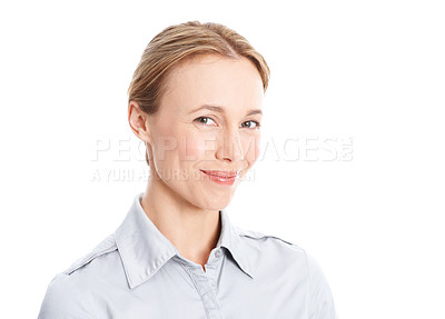 Buy stock photo Business, woman and happy portrait in studio for corporate banking, risk assessment and about us. Space, compliance officer and confident on white background for finance career, liaison or mitigation