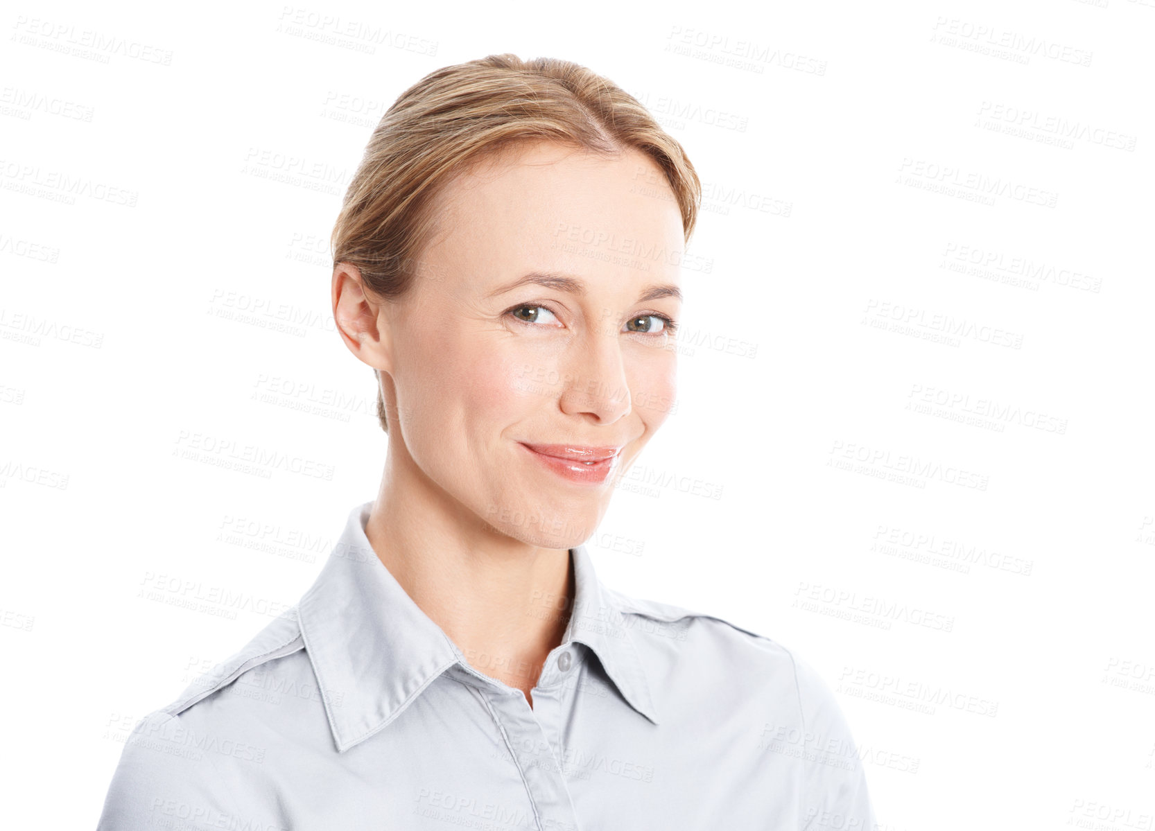Buy stock photo Business, woman and happy portrait in studio for corporate banking, risk assessment and about us. Space, compliance officer and confident on white background for finance career, liaison or mitigation