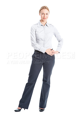 Buy stock photo Fashion, happy and businesswoman with portrait, workwear or pride in professional outfit. Smile, stylish or employee with confidence, corporate style or formal clothing on studio background.