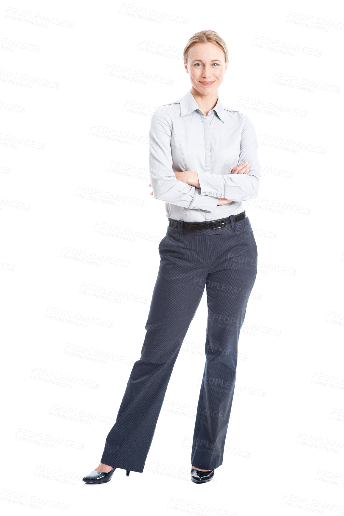 Buy stock photo Fashion, portrait and businesswoman with arms crossed, workwear or elegant in professional outfit. Happy, space or employee with confidence, corporate style or formal attire on studio background.