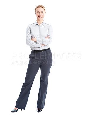 Buy stock photo Smile, arms crossed and portrait of business woman in studio for about us, real estate consultant and pride. Confidence, property advisor and realtor agent with person on white background for space