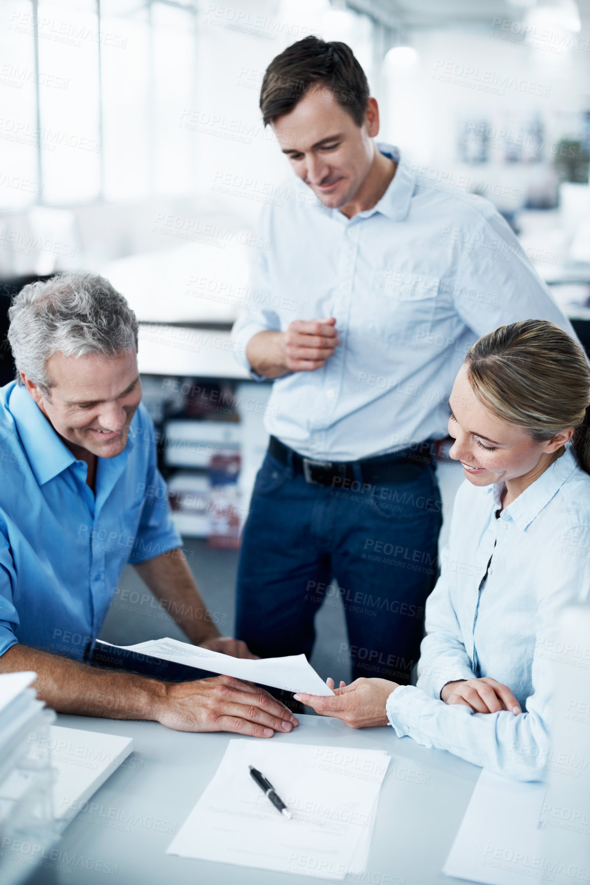 Buy stock photo Business people, meeting or discussion with paperwork in office, information analysis and project. Documents, research and colleagues with team strategy for proposal review or check report together
