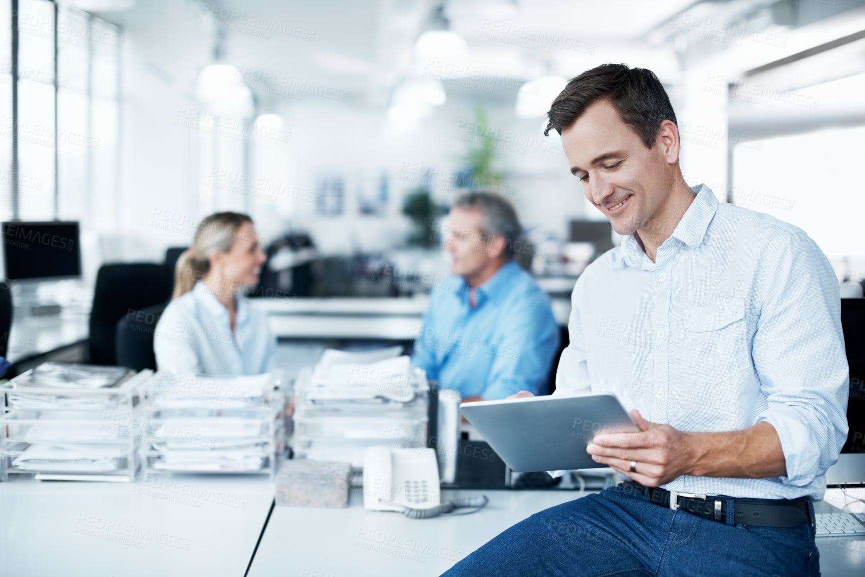 Buy stock photo Reading, smile and tablet with business man in office for online bookkeeping, pride and planning. Digital account portfolio, research and risk management with employees in financial firm for audit