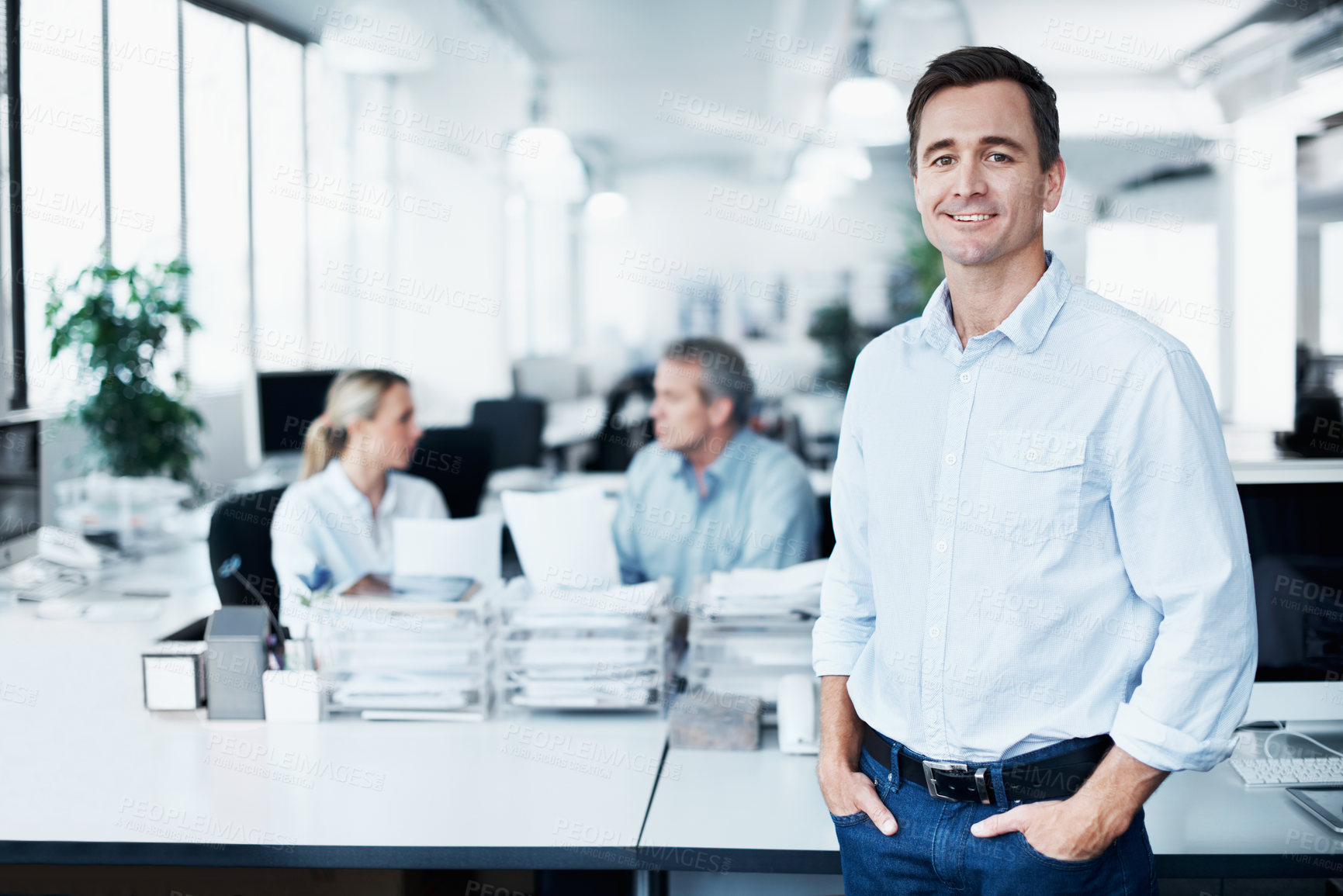 Buy stock photo Professional, happy and portrait of business man in office for wealth advisor, pride and about us. Investment consultant, risk management and confidence with employee in coworking agency for growth
