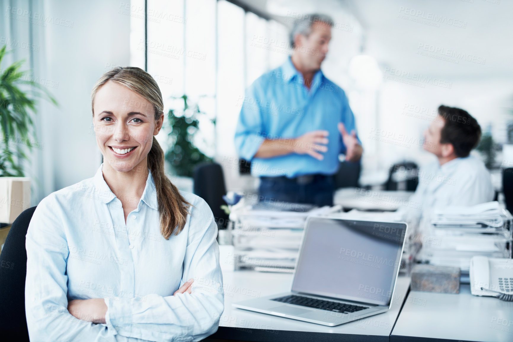 Buy stock photo Laptop, arms crossed and portrait of business woman in office for wealth advisor, pride and about us. Online consultant, risk management and confidence with employee in coworking agency for growth