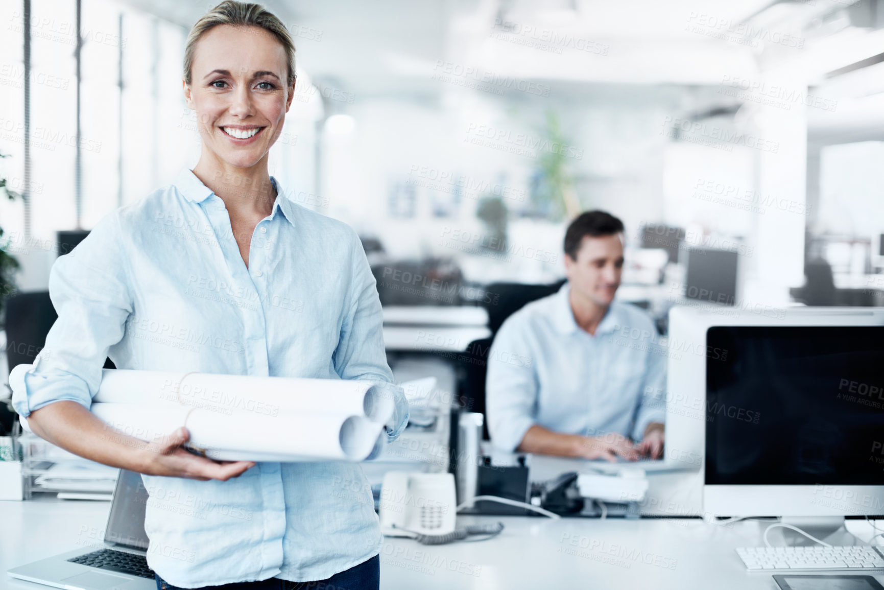 Buy stock photo Portrait, smile and floor plan with business woman in office for advisor, property or building proposal. Architect, blueprint or real estate layout with employees in agency for project and about us