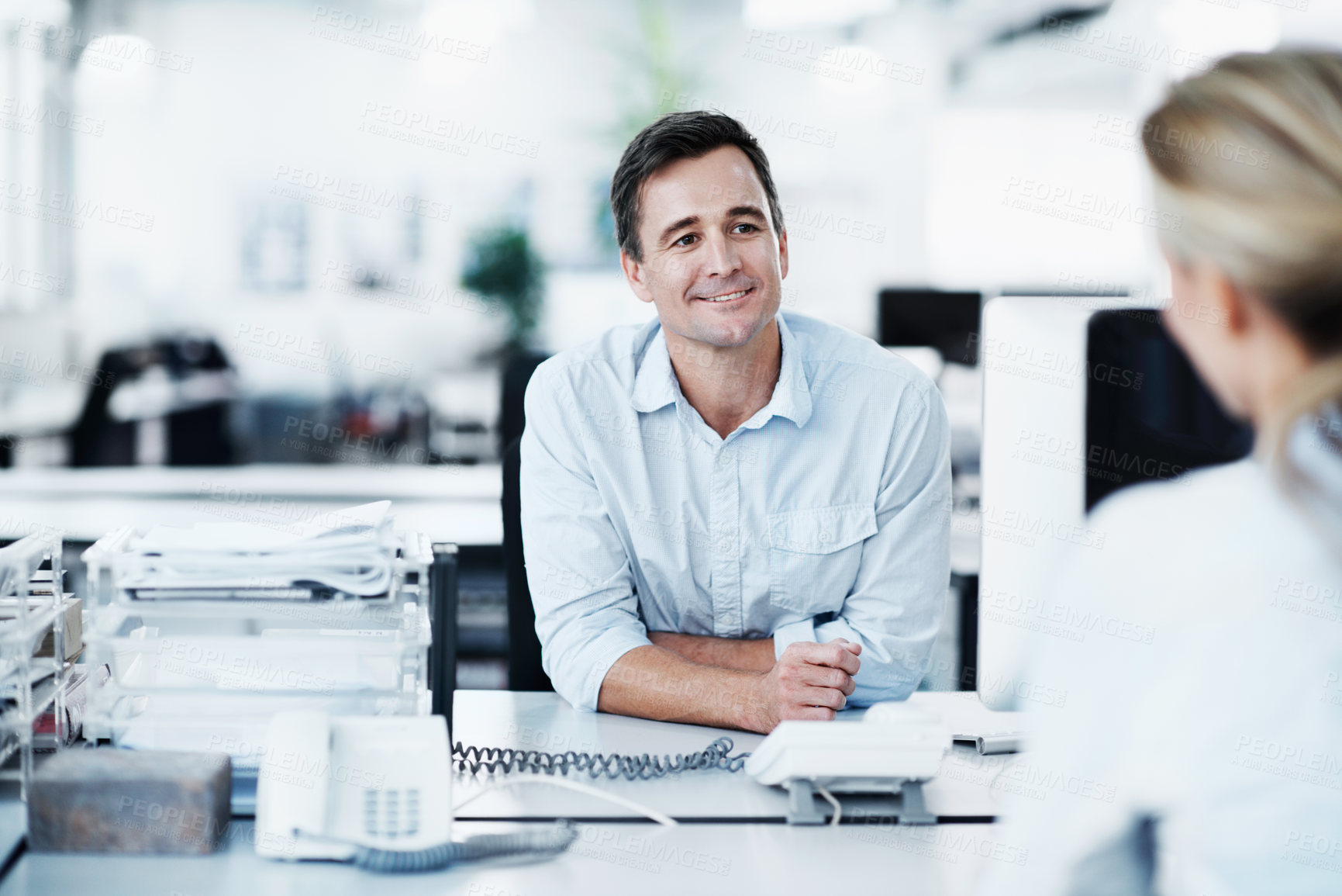 Buy stock photo Smile, planning and team with business man in office for meeting, company audit and budget feedback. Account portfolio, collaboration and update with employees in financial firm for risk management