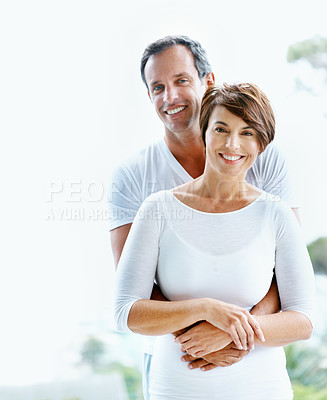 Buy stock photo Love, portrait or couple outdoor with hug, healthy relationship or bonding together on holiday. Smile, mature man or woman in nature with embrace, romantic connection or happy moment on getaway.