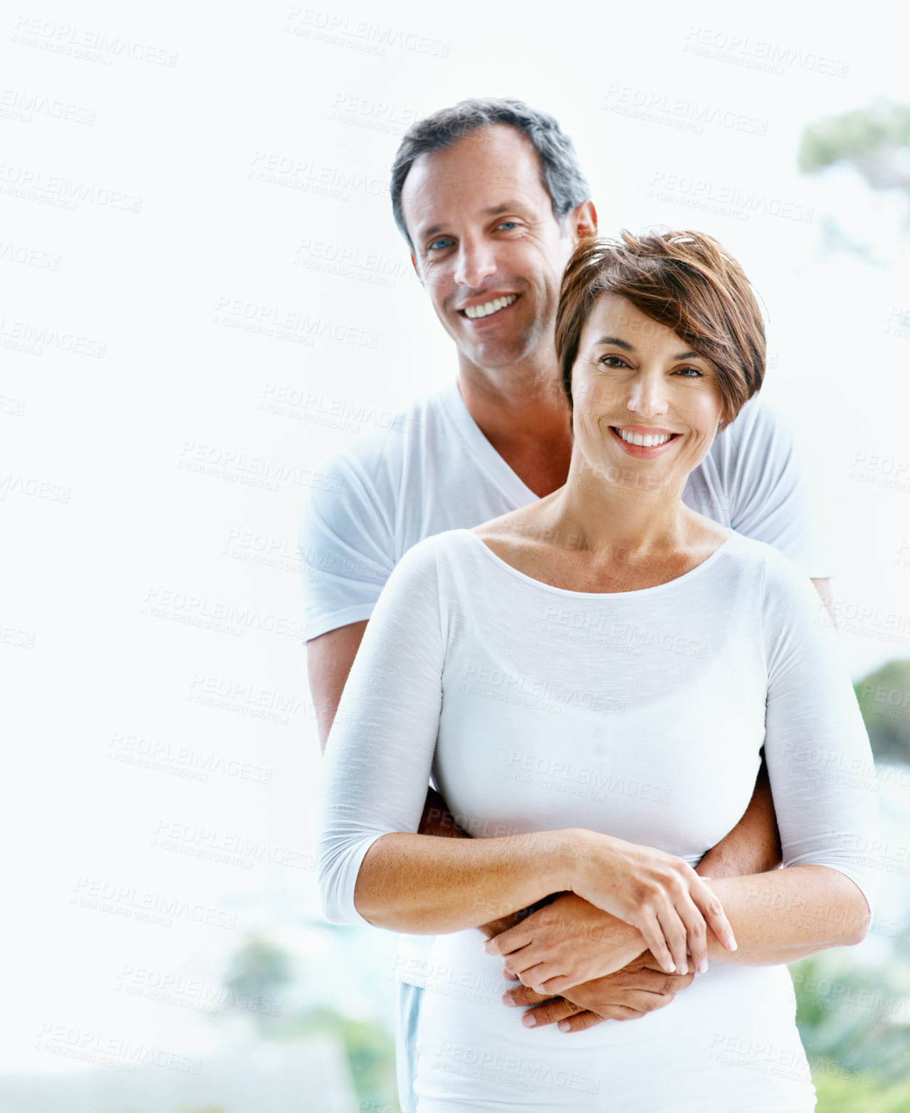 Buy stock photo Love, portrait or couple outdoor with hug, healthy relationship or bonding together on holiday. Smile, mature man or woman in nature with embrace, romantic connection or happy moment on getaway.