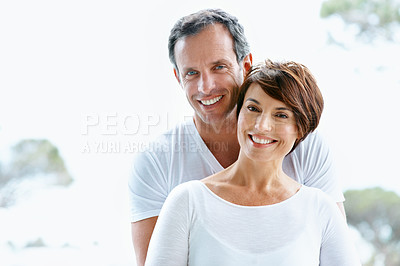 Buy stock photo Love, portrait or couple outdoor with smile, healthy relationship or bonding on holiday. Space, mature man or woman in nature with embrace, partner connection or happy moment on romantic getaway.