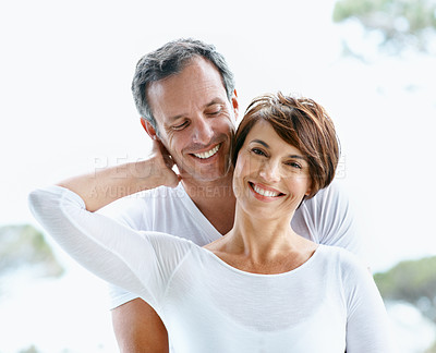 Buy stock photo Hug, morning and portrait with couple in home for smile, bonding and connection together. Support, wake up and commitment with mature man and woman outdoor for loyalty, care and marriage peace