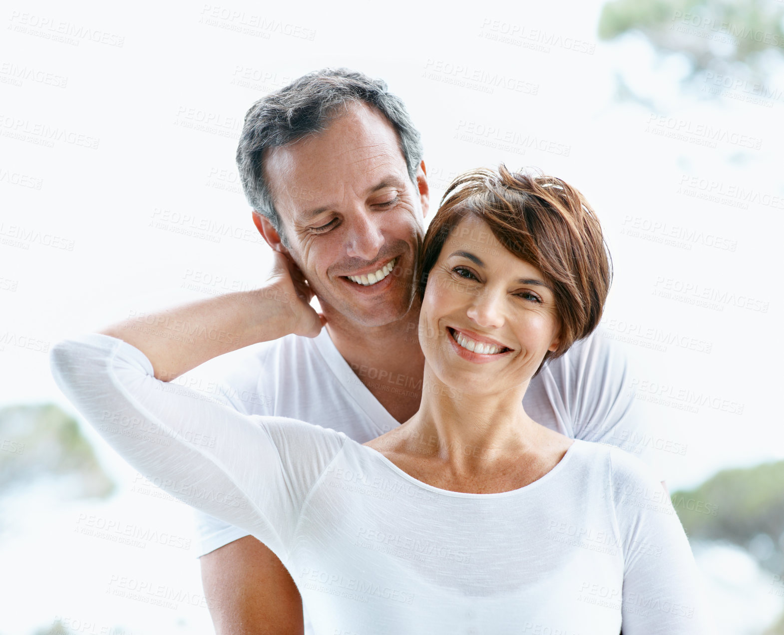 Buy stock photo Hug, morning and portrait with couple in home for smile, bonding and connection together. Support, wake up and commitment with mature man and woman outdoor for loyalty, care and marriage peace