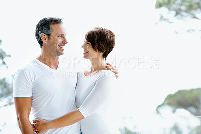 Buy stock photo Love, smile or couple outdoor with hug, healthy relationship or bonding on summer holiday. Space, mature man or woman in nature with embrace, partner connection or happy moment on romantic getaway.