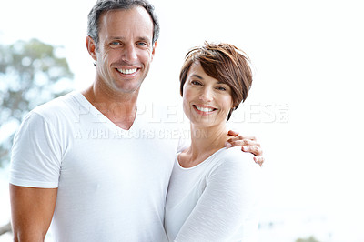 Buy stock photo Love, morning and portrait with couple in home for smile, bonding and connection together. Support, wake up and commitment with man and woman outdoor of house for loyalty, care and marriage peace